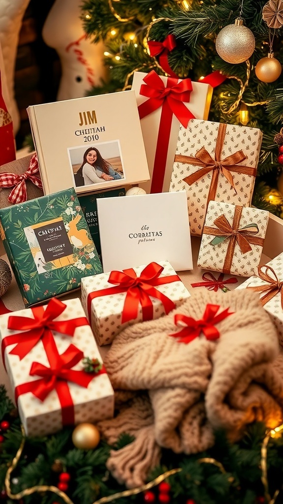 A festive arrangement of Christmas gifts including chocolates, a photo album, and a blanket, decorated with ribbons and lights.